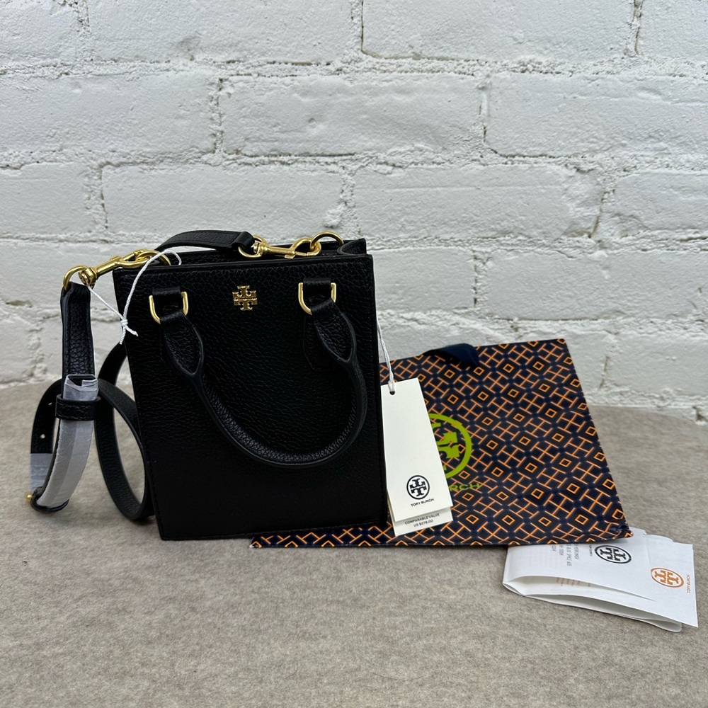 Tory Burch Blake Mini Shopper Black Devon Sand Pebbled Leather Adjustable NWT